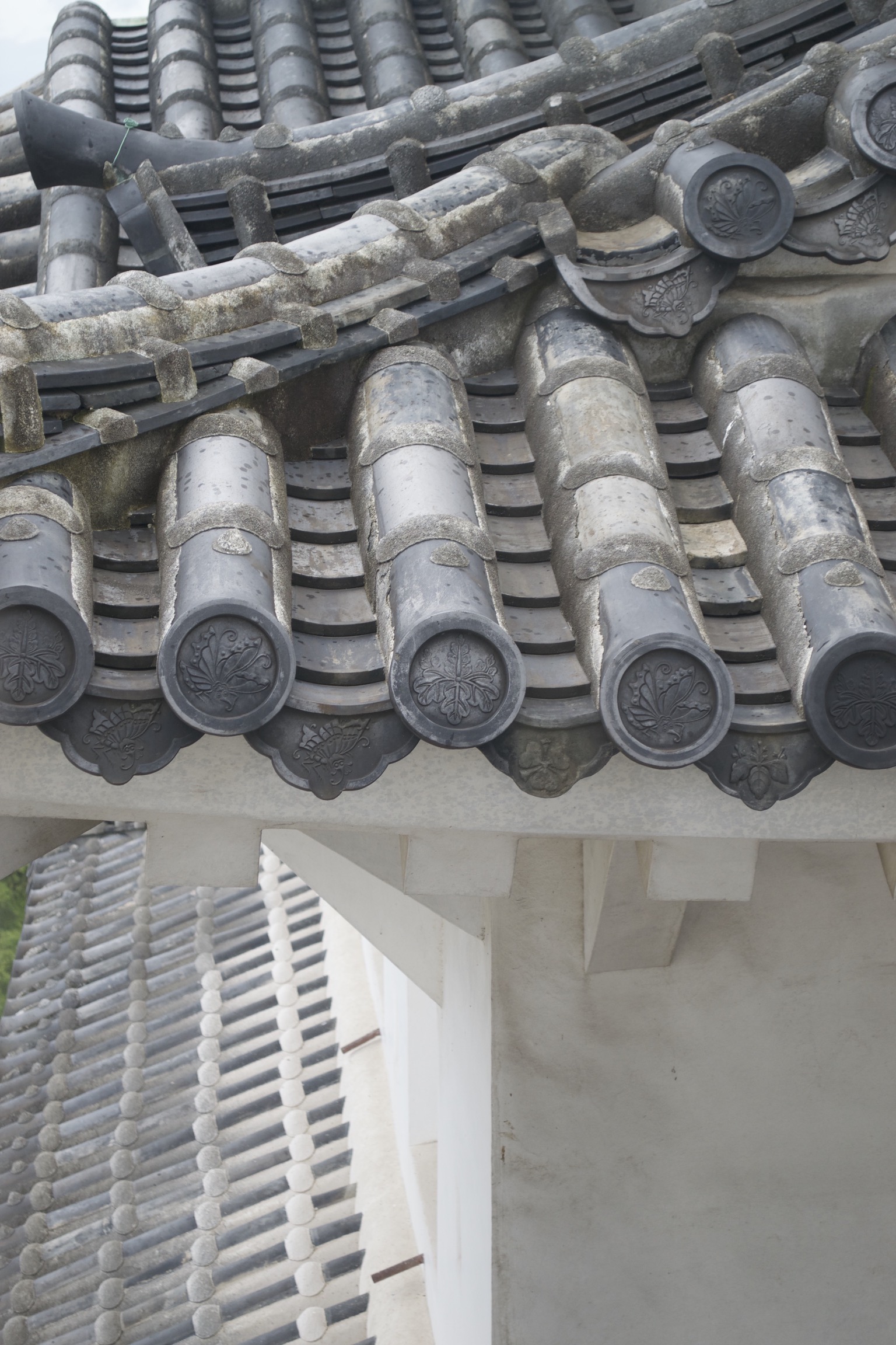 A close-up on the tiles shows circular caps at the end of the roof.