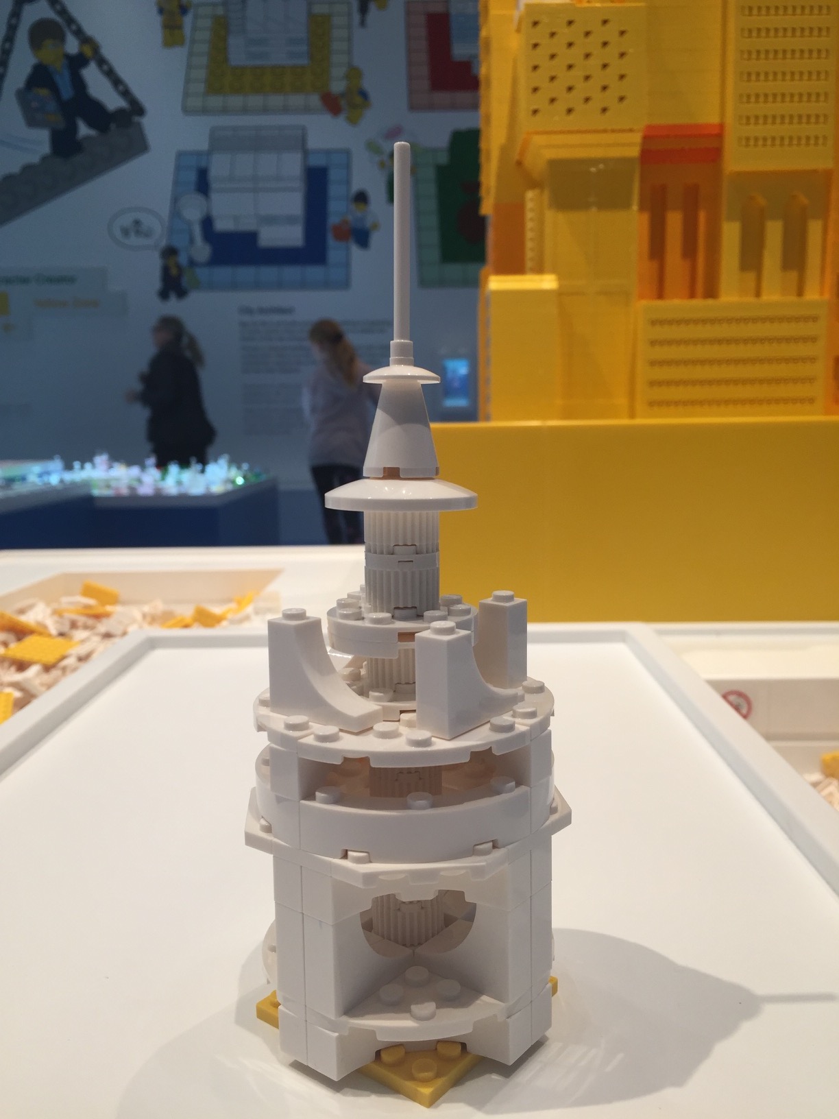 An abstract, round LEGO tower.