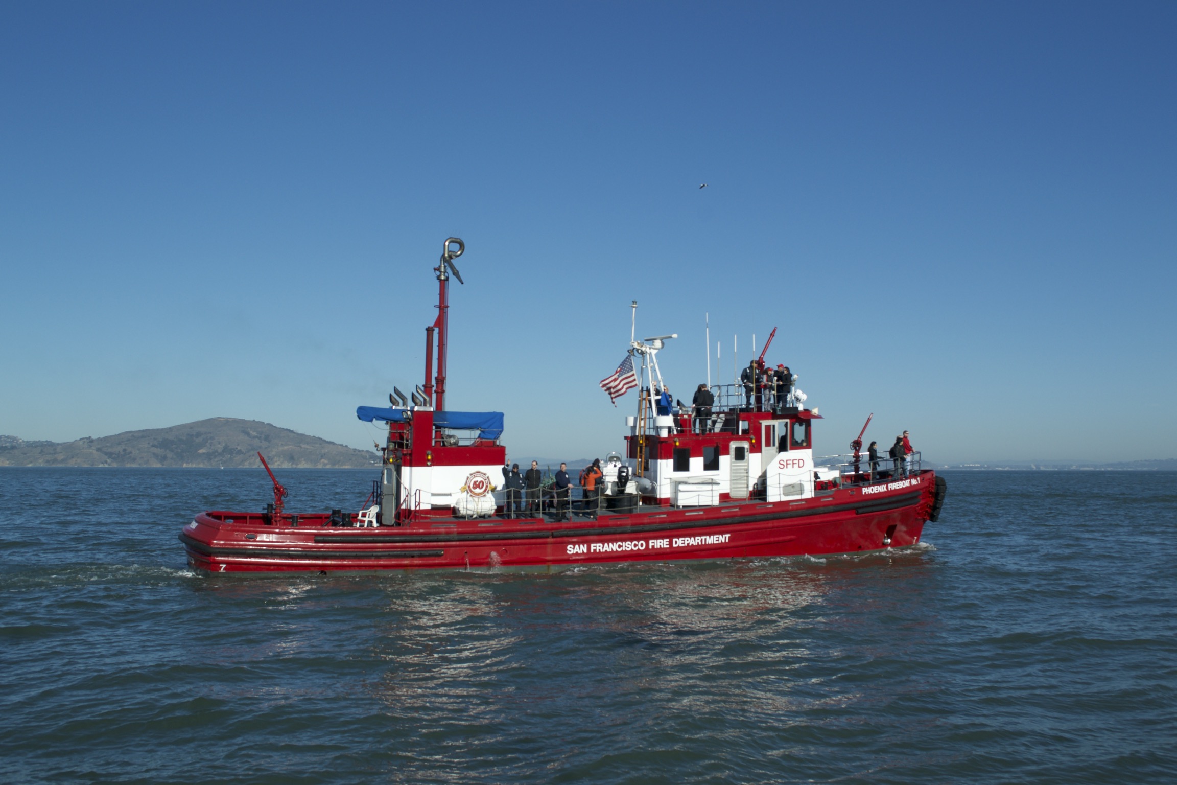 A red San Francisco Fire Department boat.