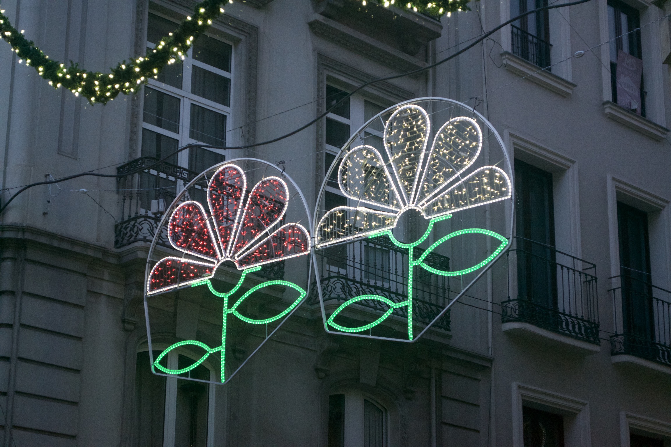 An illuminated wireframe image of two flowers hang in an alley.