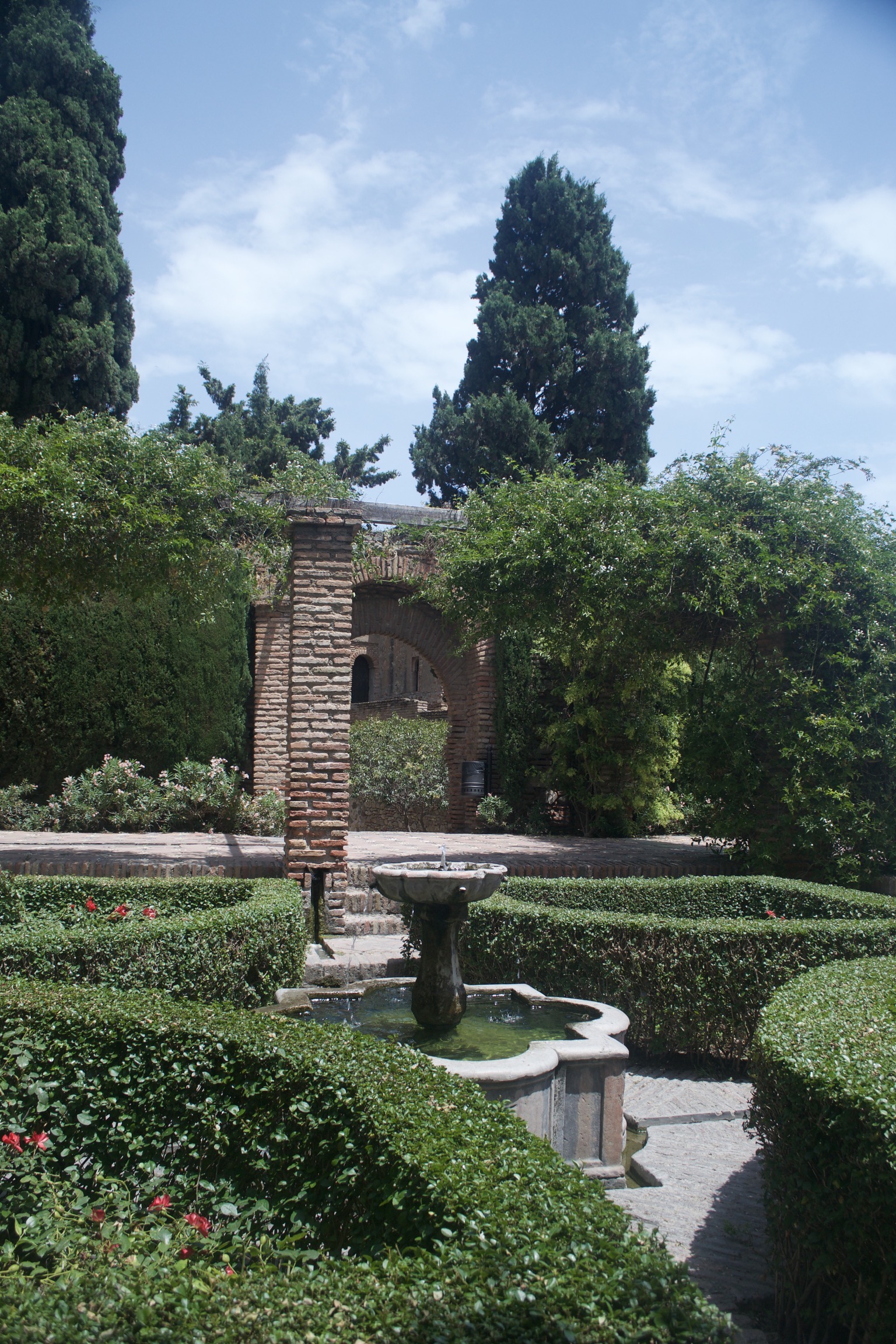 A small fountain sits surrounded by bushes and garden paths.