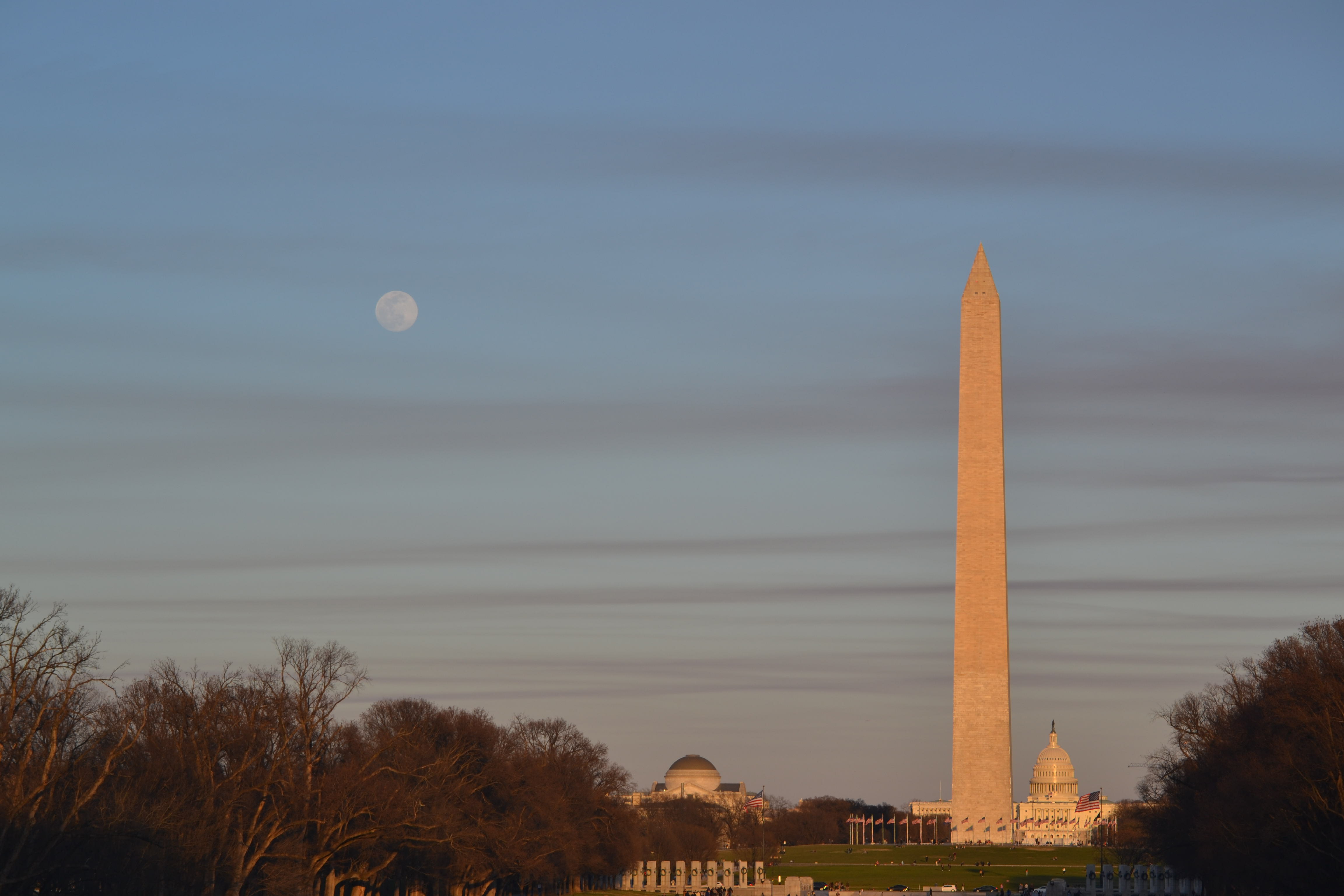 The moon rises over bare trees, at a height similar to the obelisk, sunset-bathed, before a white, domed building.